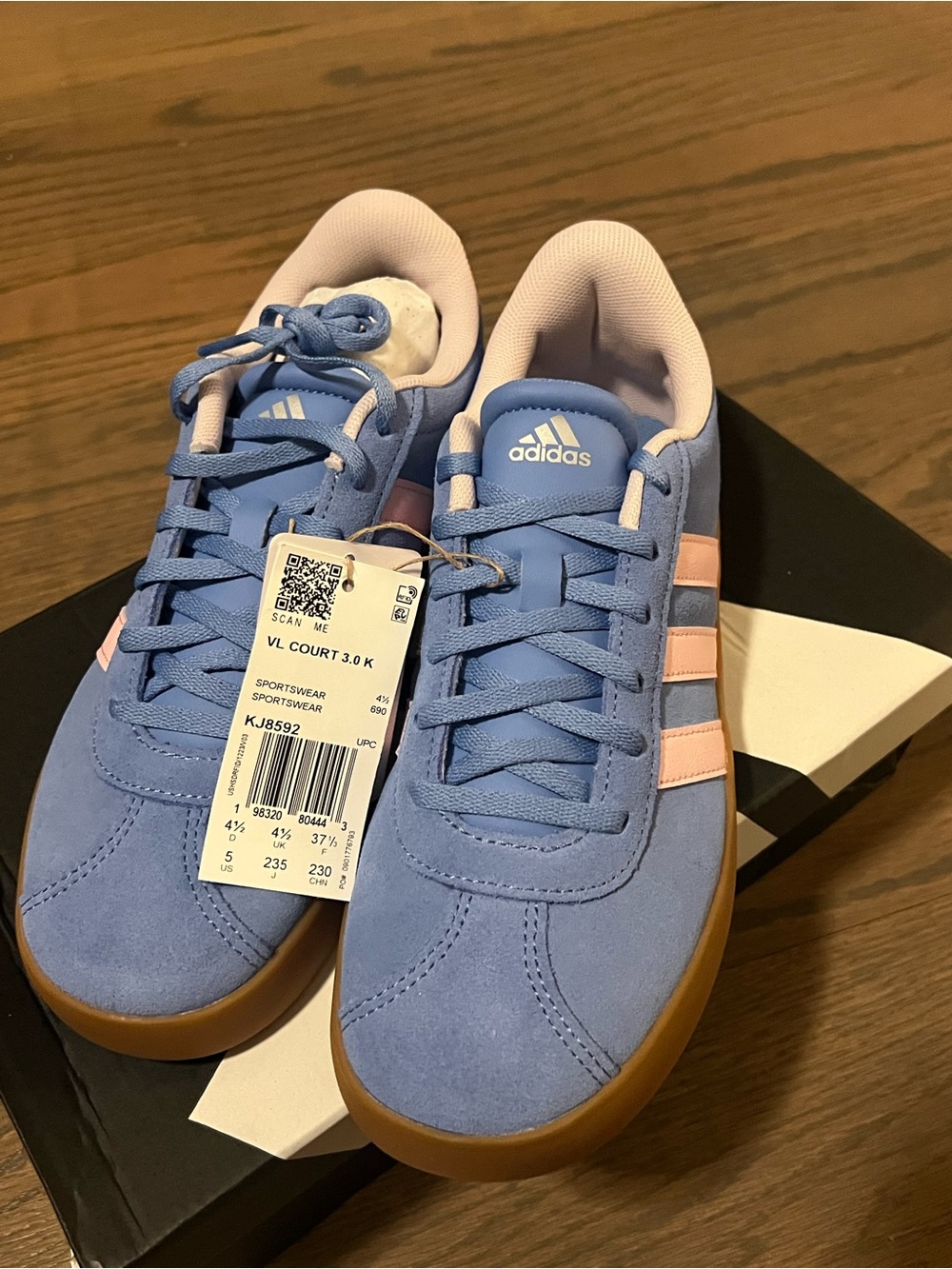 adidas Women’s VL Court 3.0 Sneakers in Light Blue with Pink Stripes